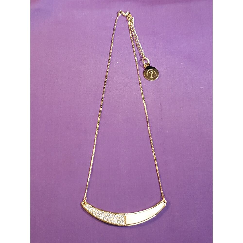 Crescent Bar Pendant Choker Chain Necklace Rhinestones & MOP Shell In Gold Tone